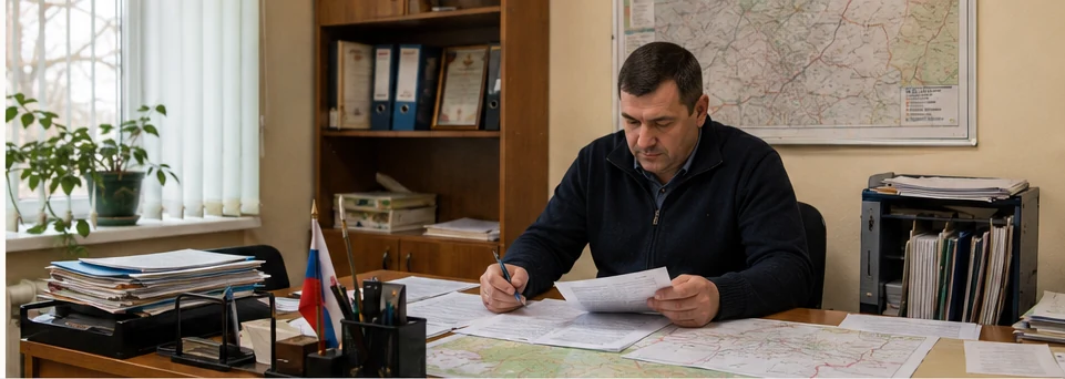 Брылев Виталий Владимирович в простом кабинете сельской администрации с документами и картой поселения