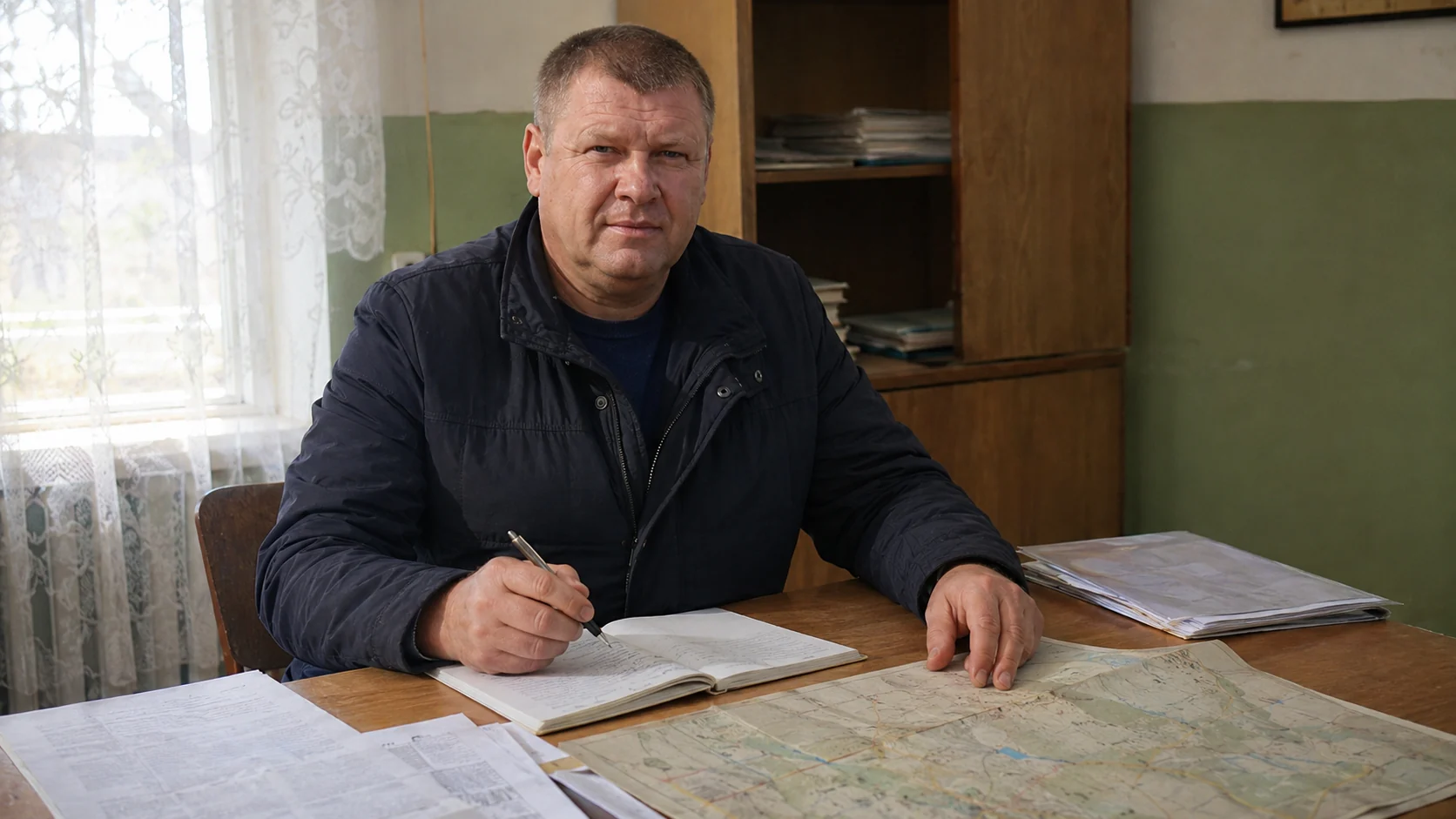 Брылев Виталий Владимирович за столом с документами и картой сельского поселения
