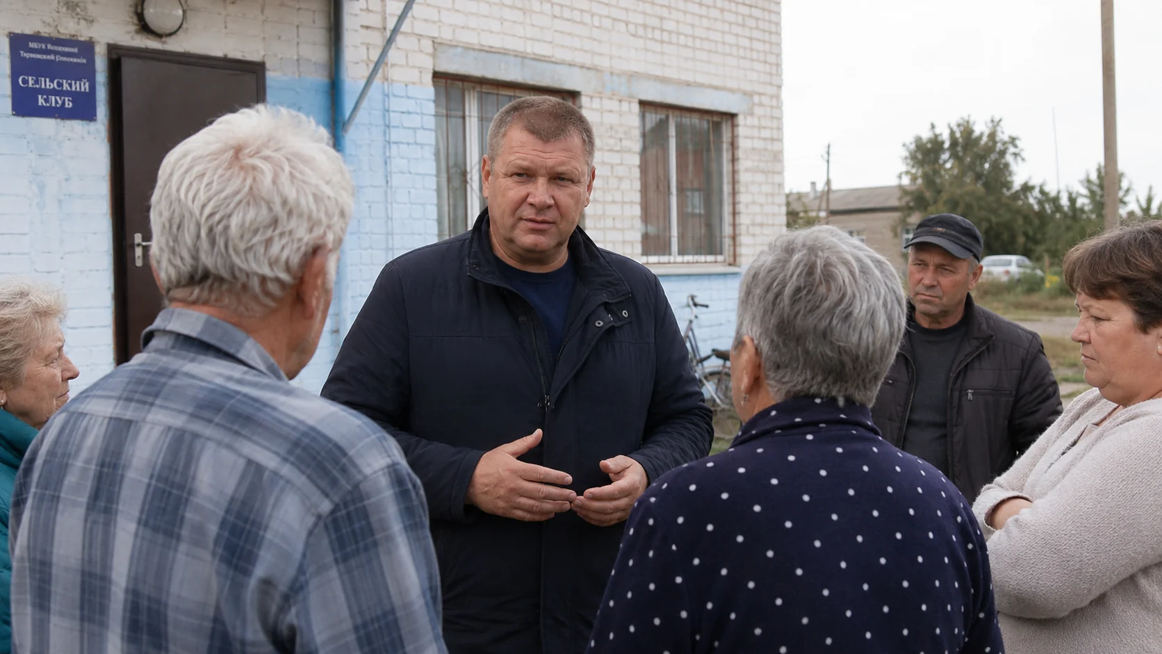 Брылев Виталий Владимирович разговаривает с жителями возле сельского клуба
