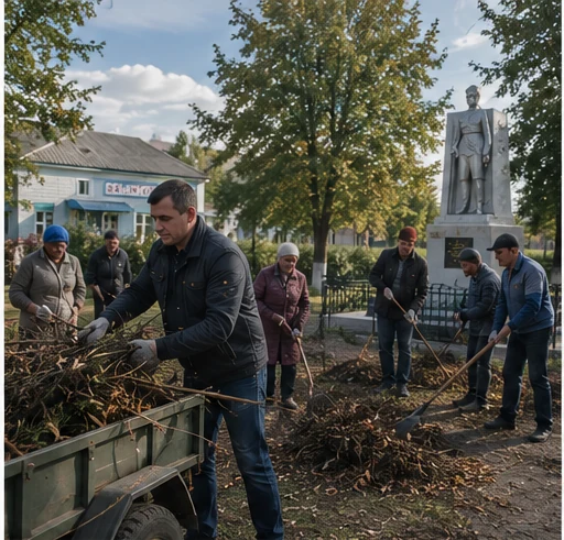 Жители Нижнедолговского поселения на сельском субботнике возле общественной территории