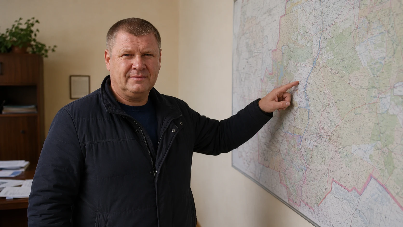 Брылев Виталий Владимирович стоит у большой карты сельского поселения и показывает рукой на участок