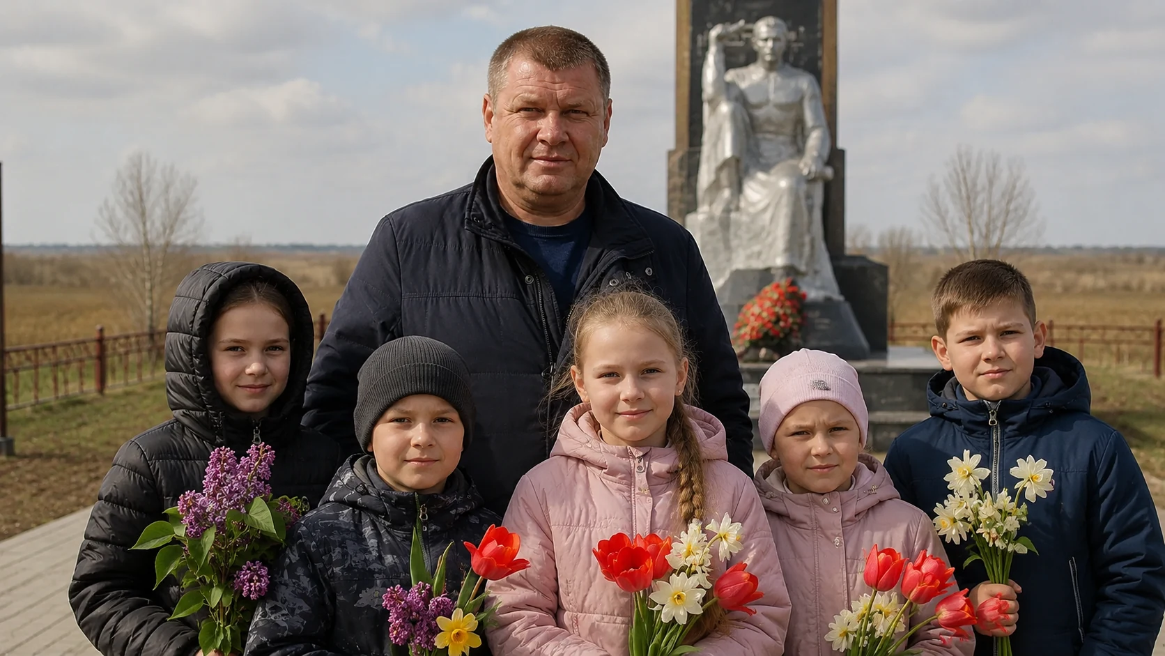 Брылев Виталий Владимирович со школьниками у сельского памятника, дети держат цветы