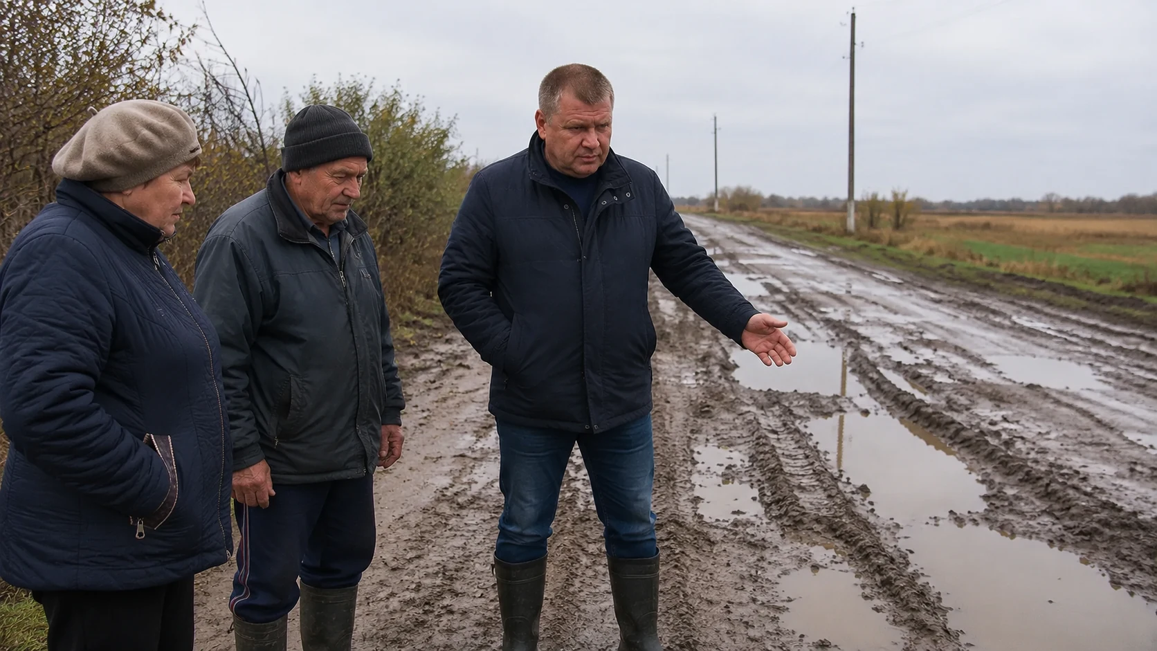 Брылев Виталий Владимирович осматривает проблемный участок сельской дороги после дождя рядом с жителями
